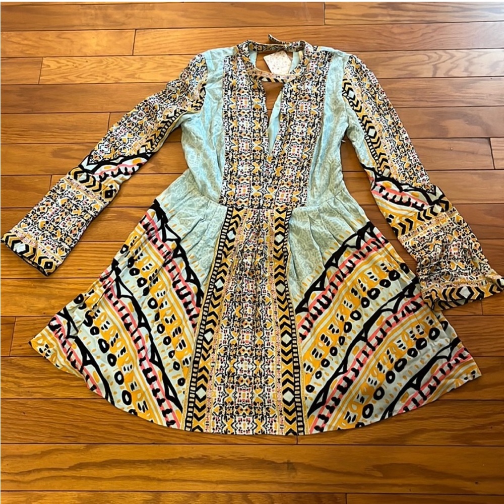 Free People Blue and Yellow Patterned Long Sleeve Dress